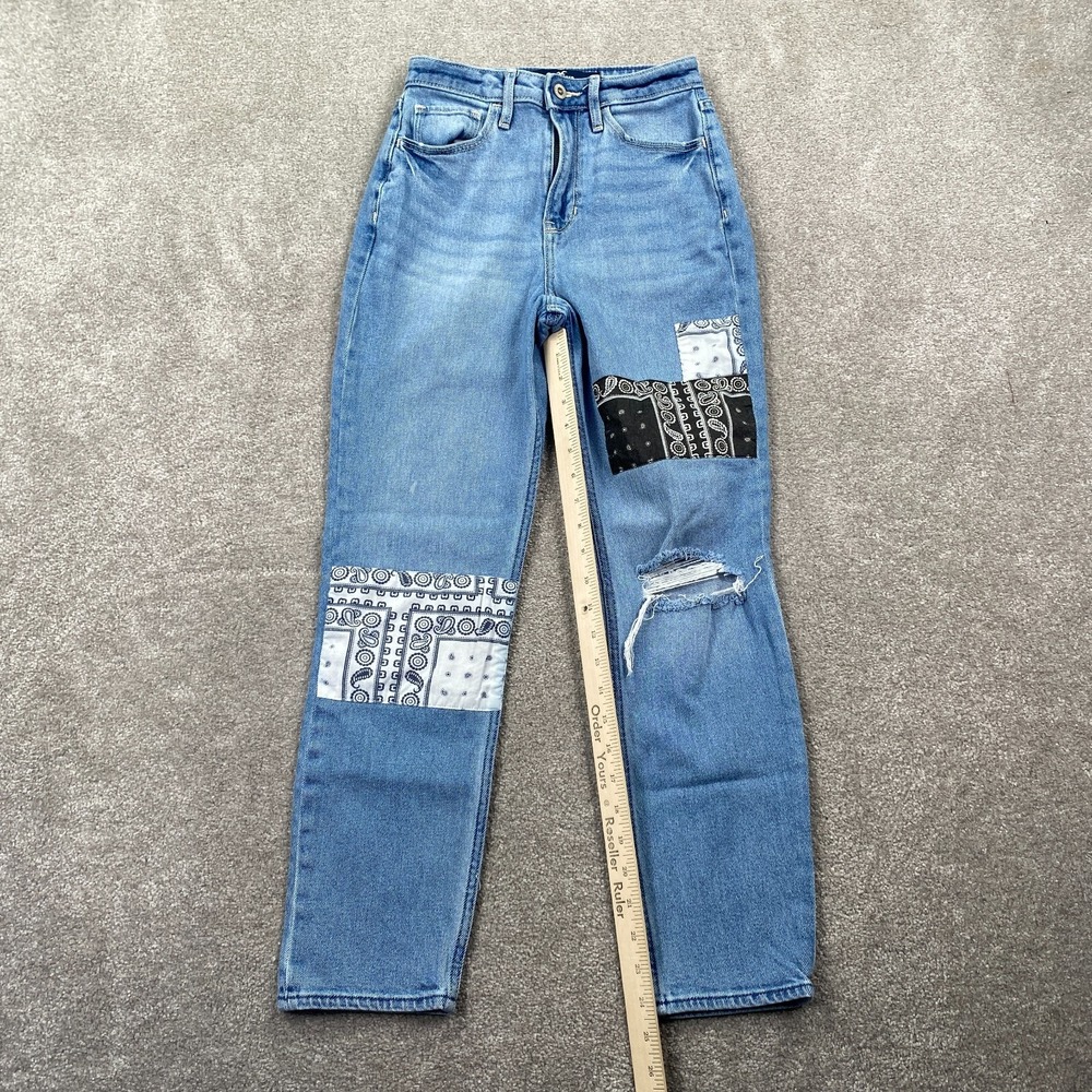 Hollister Ultra High Rise Patches Distressed Mom‎ Jeans Women's Size 0R Blue - Picture 3 of 12